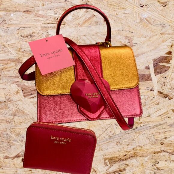 Kate Spade Pink Heart Metallic Color block MiniTop-Handle Crossbody Wallet set - Picture 3 of 15